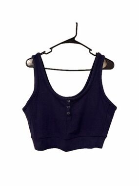 aerie Navy Ribbed Scoop Neck Cropped Tank with Snap Buttons